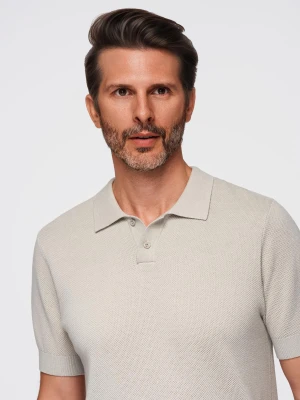 Męska bawełniana koszulka polo ze strukturalnej dzianiny – beżowa V6 - Rozmiar: L Ombre Clothing