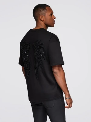 Zdjęcie produktu Męska bawełniana koszulka z cekinowym motywem skrzydeł na plecach - czarna V1 Ombre Clothing
