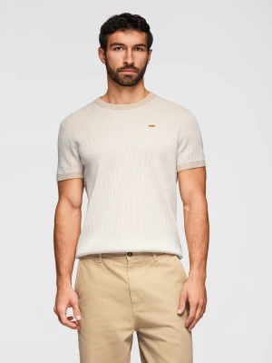 Męska bawełniana koszulka ze strukturalnej dzianiny - biała V1 - Rozmiar: XL Ombre Clothing beżowy
