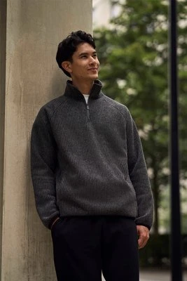 Męska bluza polarowa z teksturą i półsuwakiem - Grey Animal