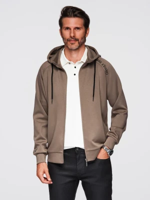 Męska bluza rozpinana ze stójką i kapturem – szarobrązowa V3 - Rozmiar: L Ombre Clothing