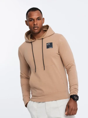 Męska bluza z kapturem kangurka z logotypem – brązowa V3 - Rozmiar: L Ombre Clothing