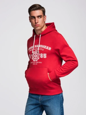 Męska bluza z kapturem kangurka z nadrukiem w stylu college – czerwona V1 - Rozmiar: L Ombre Clothing