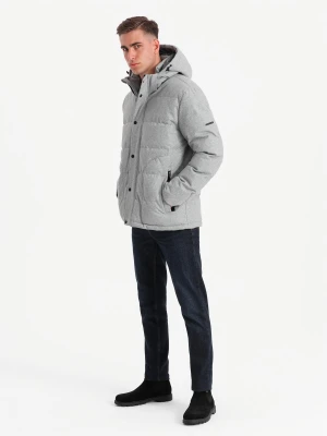 Męska casualowa kurtka puffer z wełną – jasnoszary melanż V3 - Rozmiar: L Ombre Clothing