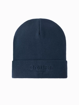 Męska czapka dzianinowa beanie z haftowanym napisem – granatowa V3 OM-ACWH-0120
 -                                    uniwersalny Ombre