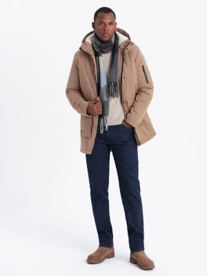 Męska długa kurtka parka z kożuszkiem – beżowa V1 - Rozmiar: S Ombre Clothing
