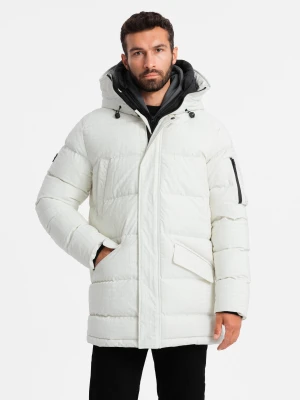 Męska długa kurtka parka ze strukturalnej tkaniny – biała V1 - Rozmiar: S Ombre Clothing