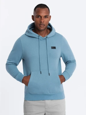 Męska dresowa bluza kangurka z kapturem i metalowym pinem – błękitna V4 - Rozmiar: XL Ombre Clothing