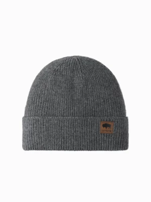 Męska dzianinowa czapka beanie z naszywką – szary melanż V2 OM-ACWH-0123
 -                                    uniwersalny Ombre