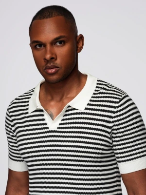 Zdjęcie produktu Męska dzianinowa koszulka polo bez guzików w marynarskie paski – czarno-biała V1 Ombre Clothing