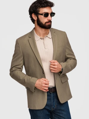 Męska elegancka marynarka SLIM FIT z rayonem – oliwkowa V5 - Rozmiar: M Ombre Clothing