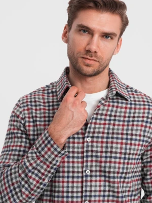 Męska flanelowa koszula w kratę - granatowo-czerwona V3 - Rozmiar: L Ombre Clothing