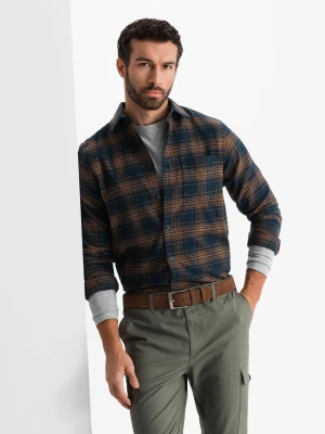 Męska flanelowa koszula w kratę - granatowo-pomarańczowa V7 - Rozmiar: XL Ombre Clothing