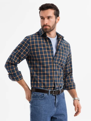 Męska flanelowa koszula w kratę SLIM FIT - granatowo-pomarańczowa V1 - Rozmiar: S Ombre Clothing