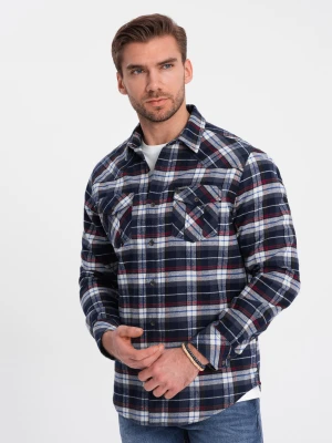 Męska flanelowa koszula w kratę z kieszeniami - granatowo-czerwona V2 Ombre Clothing
