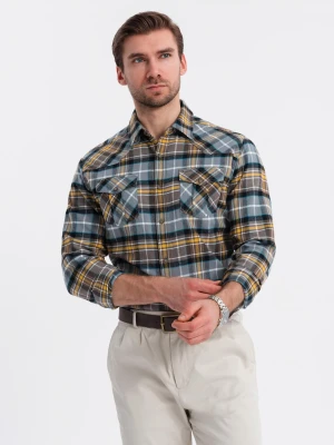Męska flanelowa koszula w kratę z kieszeniami - szaro-żółta V1 - Rozmiar: S Ombre Clothing