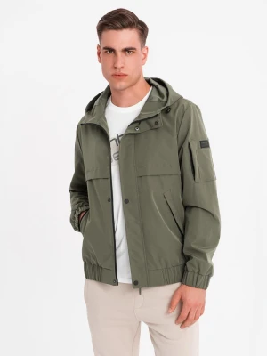 Męska funkcjonalna kurtka przejściowa z kapturem – oliwkowa V2 Ombre Clothing