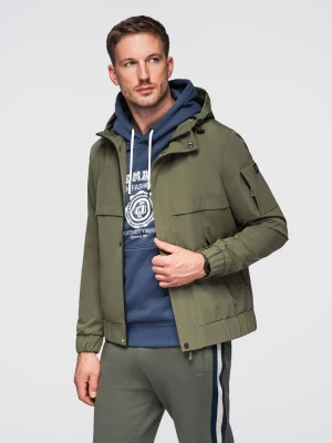 Męska funkcjonalna kurtka przejściowa z kapturem – oliwkowa V2 - Rozmiar: M Ombre Clothing oliwkowy