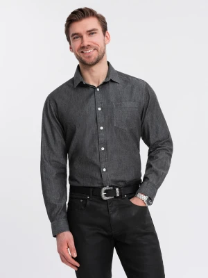 Męska jeansowa koszula z haftowaną kieszonką – czarna V2 Ombre Clothing