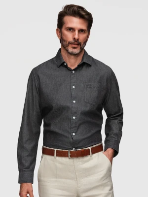 Męska jeansowa koszula z haftowaną kieszonką – czarna V2 - Rozmiar: S Ombre Clothing