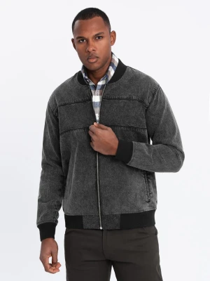 Męska jeansowa kurtka bomberka z efektem stone wash – czarna V2 - Rozmiar: M Ombre Clothing