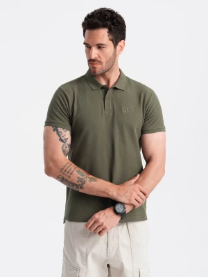 Męska jednokolorowa koszulka polo BASIC z dzianiny pique - ciemnooliwkowa V6 Ombre Clothing