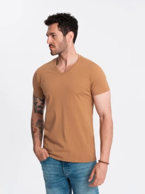 Męska klasyczna bawełniana koszulka z dekoltem w serek BASIC – brązowa V9 OM-TSBS-0145
 -                                    S Ombre