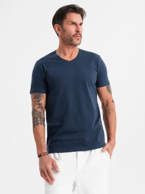 Męska klasyczna bawełniana koszulka z dekoltem w serek BASIC – granatowa V2 Ombre Clothing