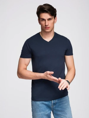 Męska klasyczna bawełniana koszulka z dekoltem w serek BASIC – granatowa V2 - Rozmiar: XL Ombre Clothing