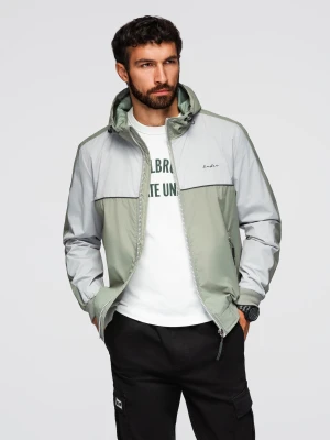 Męska kontrastowa kurtka wiatrówka z kapturem - oliwkowo-szara V3 - Rozmiar: L Ombre Clothing