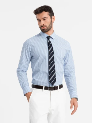 Męska koszula bawełniana REGULAR FIT w pionowe paski - błękitno-biała - Rozmiar: XL Ombre Clothing
