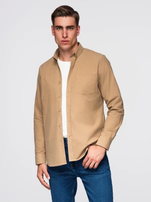 Męska koszula bawełniana REGULAR FIT z kieszenią - jasnobrązowa V2 - Rozmiar: M Ombre Clothing