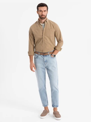 Męska koszula bawełniana REGULAR FIT z kieszenią - jasnobrązowa V2 - Rozmiar: XXL Ombre Clothing