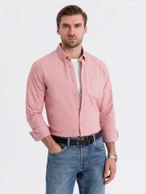 Męska koszula bawełniana REGULAR FIT z kieszenią - różowa V3 - Rozmiar: XXL Ombre Clothing