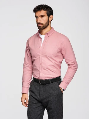 Męska koszula bawełniana REGULAR FIT z kieszenią - różowa V3 - Rozmiar: XXL Ombre Clothing