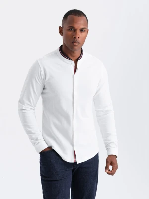Męska koszula bawełniana SLIM FIT ze stójką w kolorowe paski – biała V1 - Rozmiar: XXL Ombre Clothing