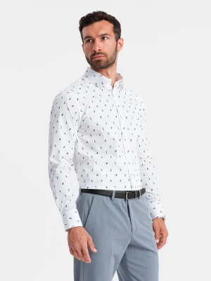 Męska koszula bawełniana we wzory SLIM FIT - biała V2 - Rozmiar: M Ombre Clothing