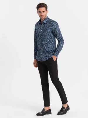 Męska koszula bawełniana we wzory SLIM FIT - ciemnoniebieska V1 OM-SHCS-0151
 -                                    S