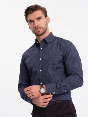 Męska koszula bawełniana we wzory SLIM FIT - ciemnoniebieska V1 Ombre Clothing