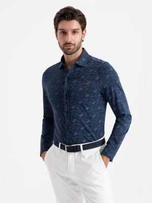 Męska koszula bawełniana z motywem roślinnym – granatowa V1 - Rozmiar: S Ombre Clothing