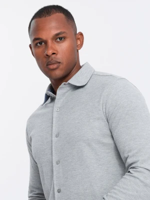 Męska koszula dzianinowa SLIM FIT z długim rękawem – szara V5 - Rozmiar: L Ombre Clothing