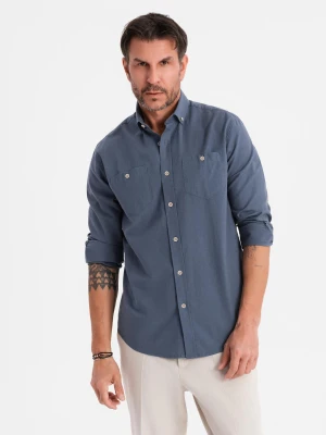 Męska koszula lniana z klasycznym kołnierzykiem i kieszeniami REGULAR FIT – niebieska V4 OM-SHCS-0134
 -                                    S Ombre
