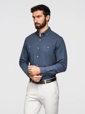 Męska koszula lniana z klasycznym kołnierzykiem i kieszeniami REGULAR FIT – niebieska V4 - Rozmiar: XXL Ombre Clothing
