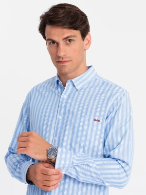 Męska koszula REGULAR FIT w białe paski z kieszonką – błękitna V2 - Rozmiar: S Ombre Clothing