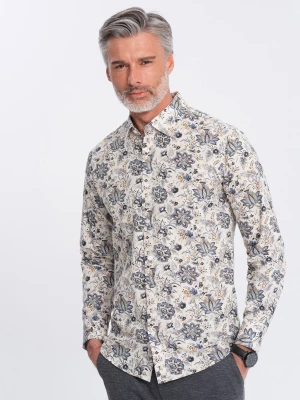 Męska koszula SLIM FIT we wzór florystyczny - beżowo-szara V1 OM-SHPS-0139
 -                                    M