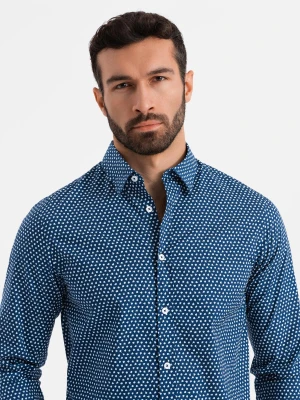 Męska koszula w drobny wzór SLIM FIT - granatowa V1 Ombre Clothing