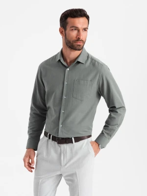 Męska koszula z kieszenią REGULAR FIT - khaki V4 - Rozmiar: M Ombre Clothing