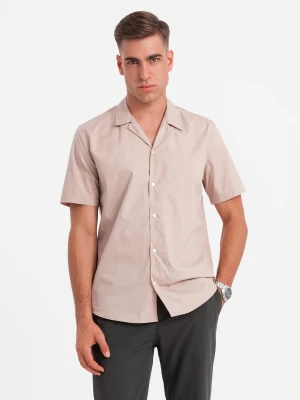 Męska koszula z krótkim rękawem i kubańskim kołnierzem - jasnobrązowa V6 - Rozmiar: XL Ombre Clothing