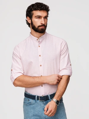 Męska koszula z lnem w paski ze stójką - biało-różowa V3 - Rozmiar: L Ombre Clothing