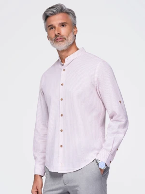 Męska koszula z lnem w paski ze stójką - biało-różowa V3 - Rozmiar: S Ombre Clothing
